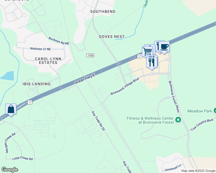 map of restaurants, bars, coffee shops, grocery stores, and more near 1513 Brunswick Village Boulevard in Leland