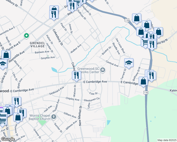 map of restaurants, bars, coffee shops, grocery stores, and more near 803 Brewer Avenue in Greenwood