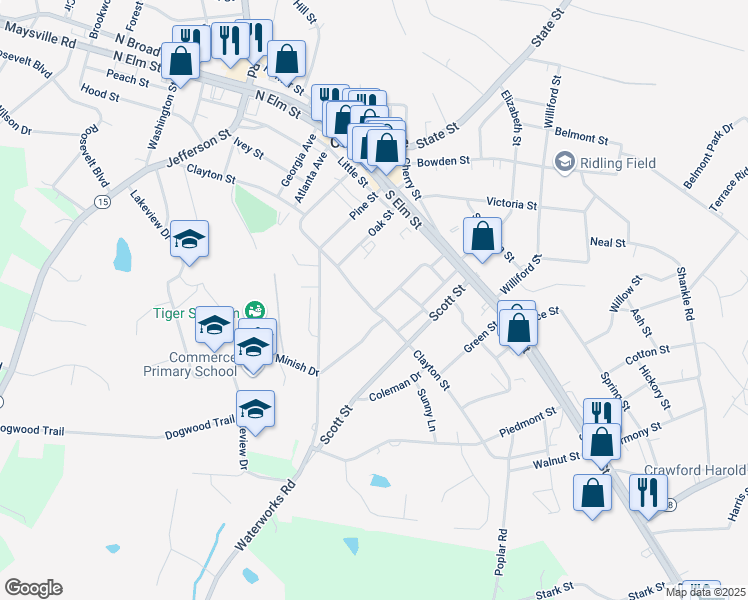 map of restaurants, bars, coffee shops, grocery stores, and more near 210 College Avenue in Commerce