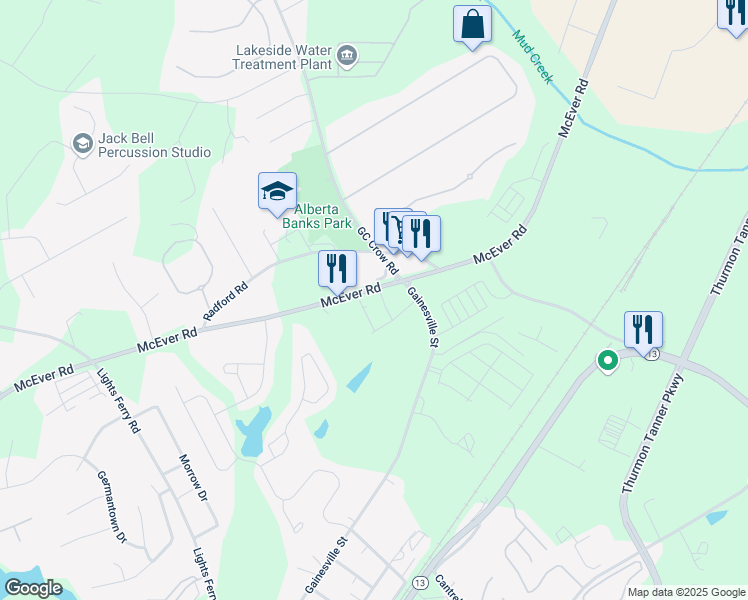 map of restaurants, bars, coffee shops, grocery stores, and more near 5247 Canberra Drive in Flowery Branch