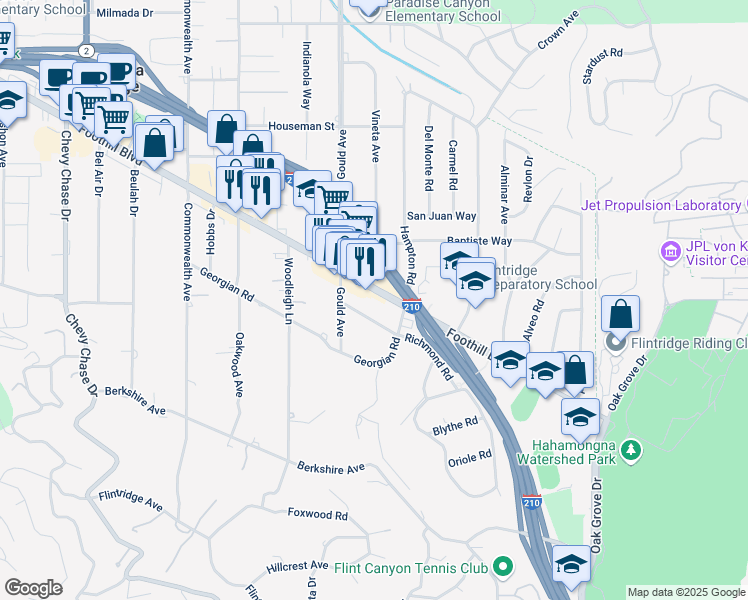 map of restaurants, bars, coffee shops, grocery stores, and more near 440 Foothill Boulevard in La Cañada Flintridge