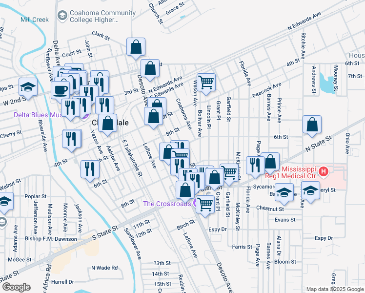 map of restaurants, bars, coffee shops, grocery stores, and more near Mississippi Avenue in Clarksdale