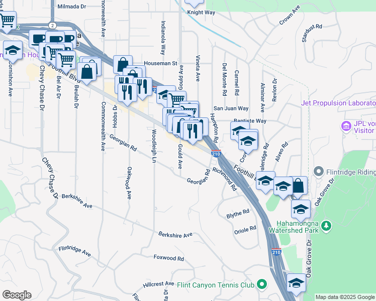map of restaurants, bars, coffee shops, grocery stores, and more near 455 Richmond Road in La Cañada Flintridge