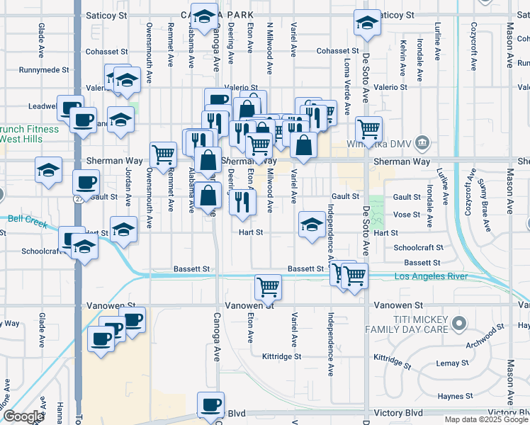map of restaurants, bars, coffee shops, grocery stores, and more near 7035 Milwood Avenue in Los Angeles