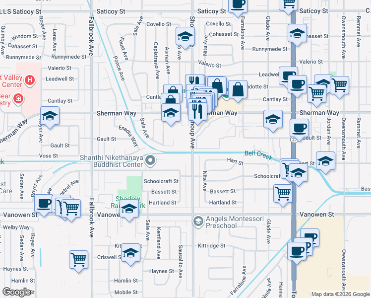 map of restaurants, bars, coffee shops, grocery stores, and more near 7055 Shoup Avenue in Los Angeles