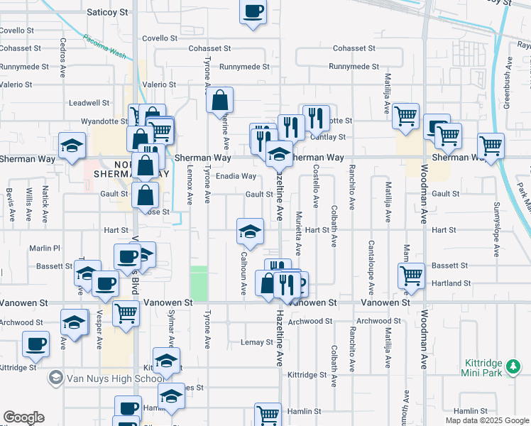 map of restaurants, bars, coffee shops, grocery stores, and more near 7028 Stansbury Avenue in Los Angeles