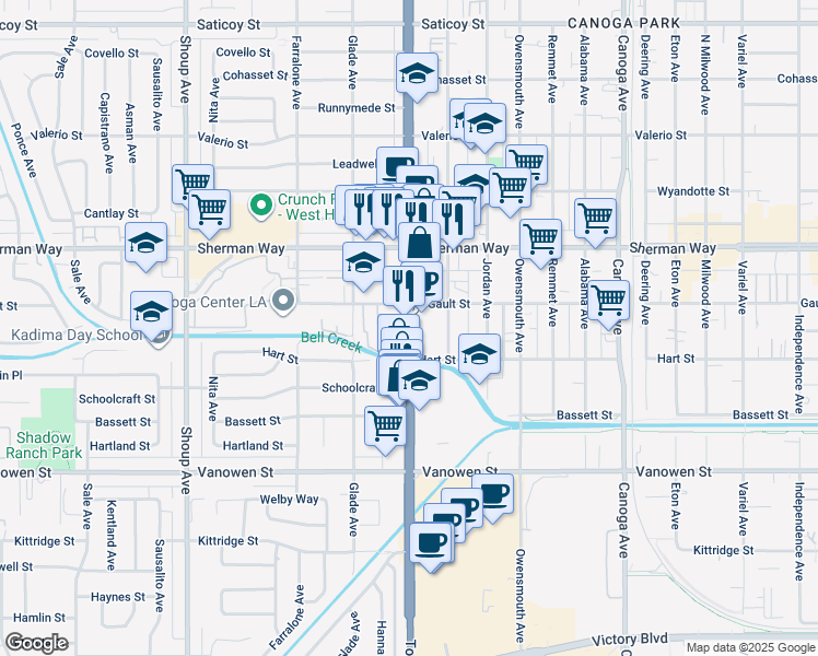 map of restaurants, bars, coffee shops, grocery stores, and more near 7039 Topanga Canyon Blvd in Los Angeles