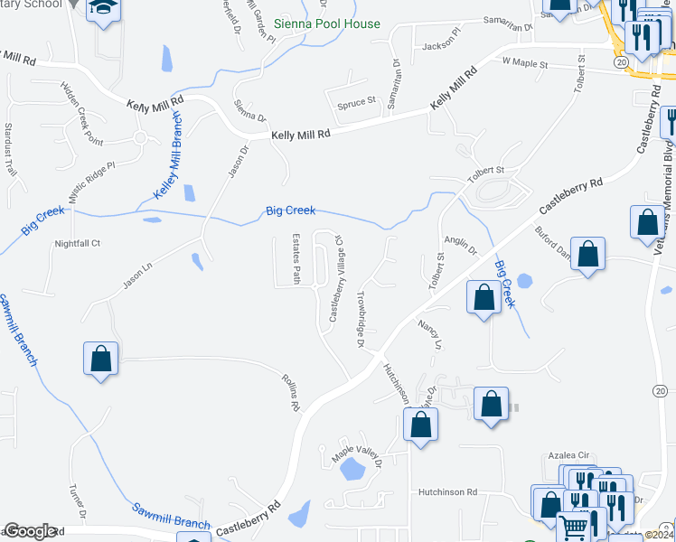 map of restaurants, bars, coffee shops, grocery stores, and more near 3369 Castleberry Village Circle in Cumming