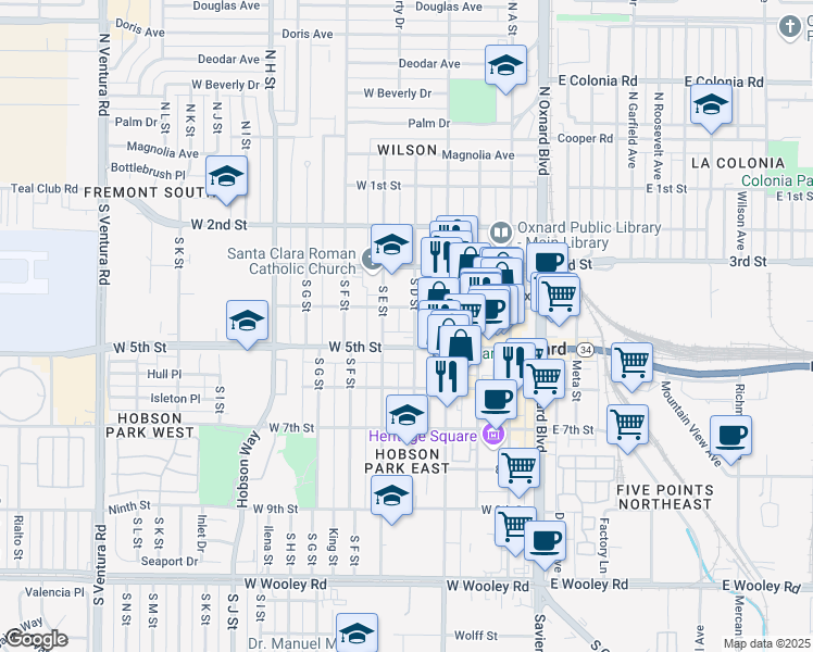 map of restaurants, bars, coffee shops, grocery stores, and more near 435 South D Street in Oxnard