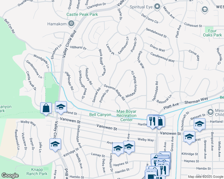map of restaurants, bars, coffee shops, grocery stores, and more near 7071 Deveron Ridge Road in Los Angeles