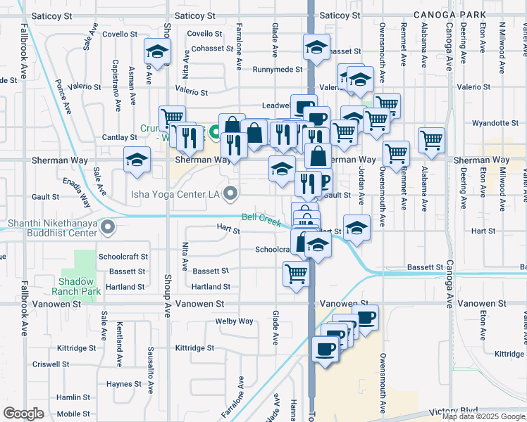 map of restaurants, bars, coffee shops, grocery stores, and more near 7025 Glade Avenue in Los Angeles