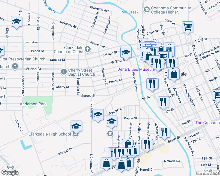 map of restaurants, bars, coffee shops, grocery stores, and more near 822 Cuyahoga Street in Clarksdale