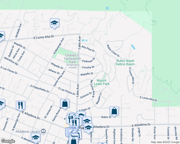 map of restaurants, bars, coffee shops, grocery stores, and more near 999 Wapello Street in Altadena