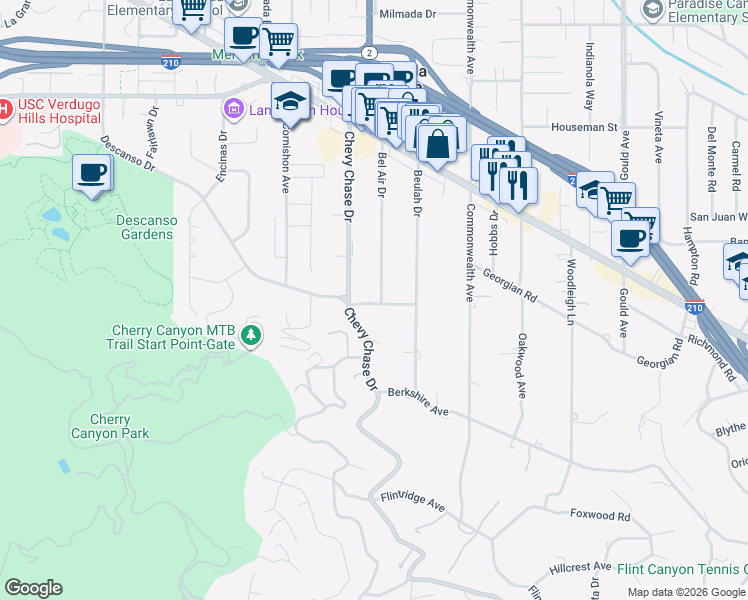 map of restaurants, bars, coffee shops, grocery stores, and more near 939 Descanso Drive in La Cañada Flintridge