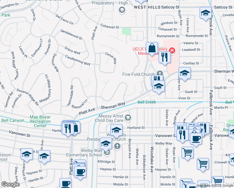map of restaurants, bars, coffee shops, grocery stores, and more near 23418 Balmoral Lane in Los Angeles