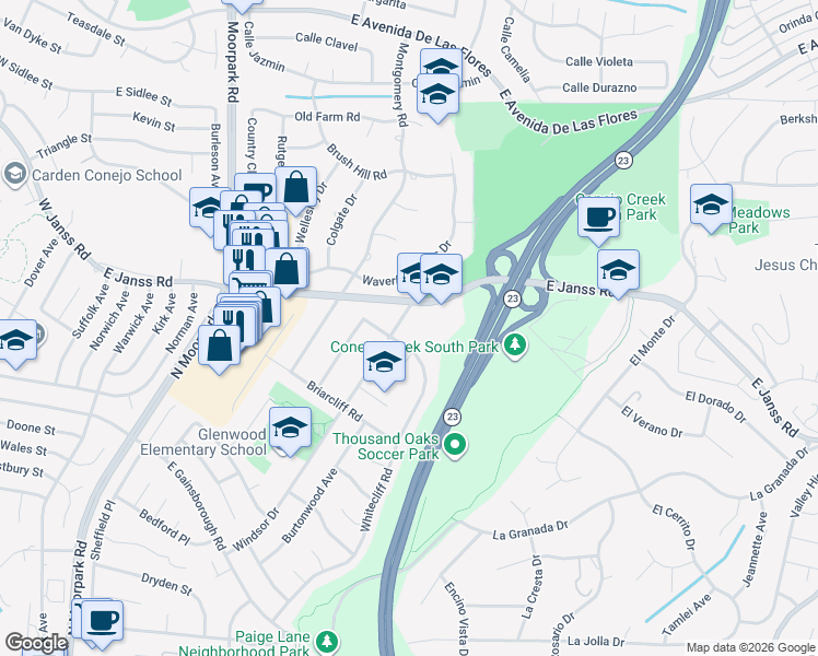 map of restaurants, bars, coffee shops, grocery stores, and more near 1080 Windsor Drive in Thousand Oaks