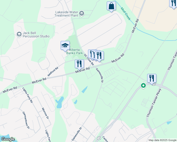 map of restaurants, bars, coffee shops, grocery stores, and more near 5247 Canberra Drive in Flowery Branch