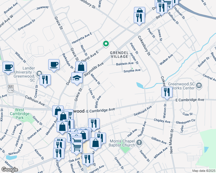 map of restaurants, bars, coffee shops, grocery stores, and more near 205 Blyth Avenue in Greenwood