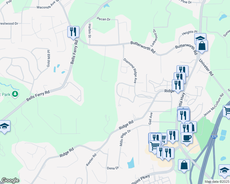 map of restaurants, bars, coffee shops, grocery stores, and more near 243 Diamond Valley Pass in Canton