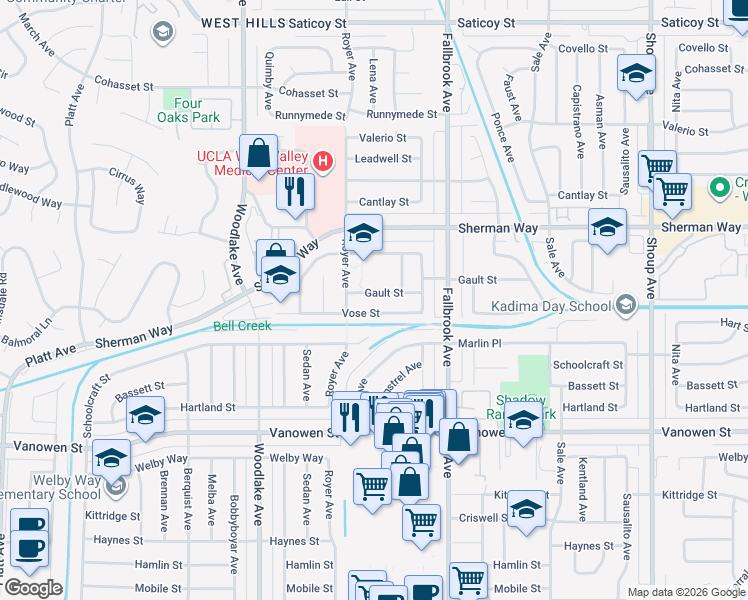 map of restaurants, bars, coffee shops, grocery stores, and more near 22928 Gault Street in Los Angeles