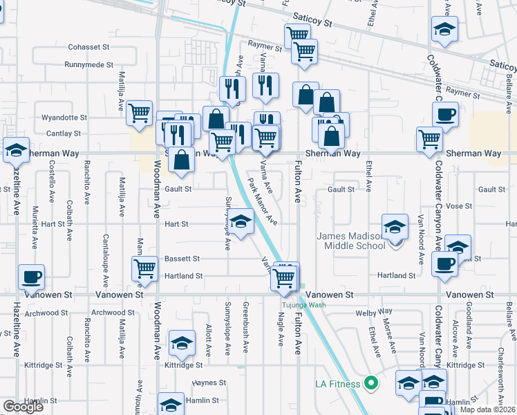 map of restaurants, bars, coffee shops, grocery stores, and more near 7055 Park Manor Avenue in Los Angeles