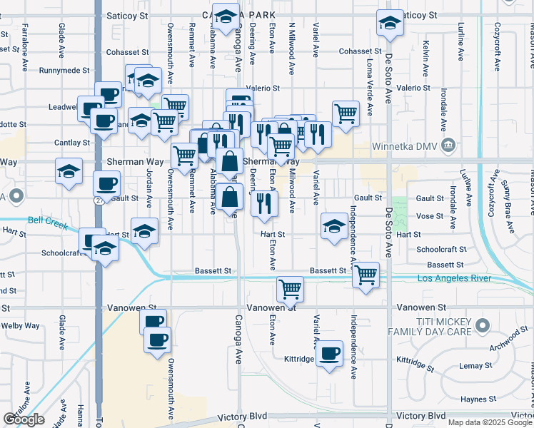 map of restaurants, bars, coffee shops, grocery stores, and more near 7035 Eton Ave in Los Angeles