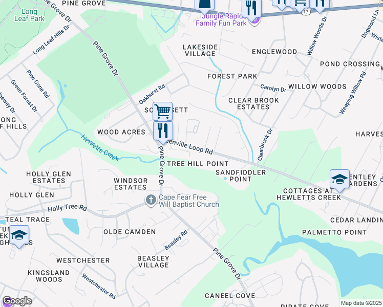 map of restaurants, bars, coffee shops, grocery stores, and more near 5140 Greenville Loop Road in Wilmington
