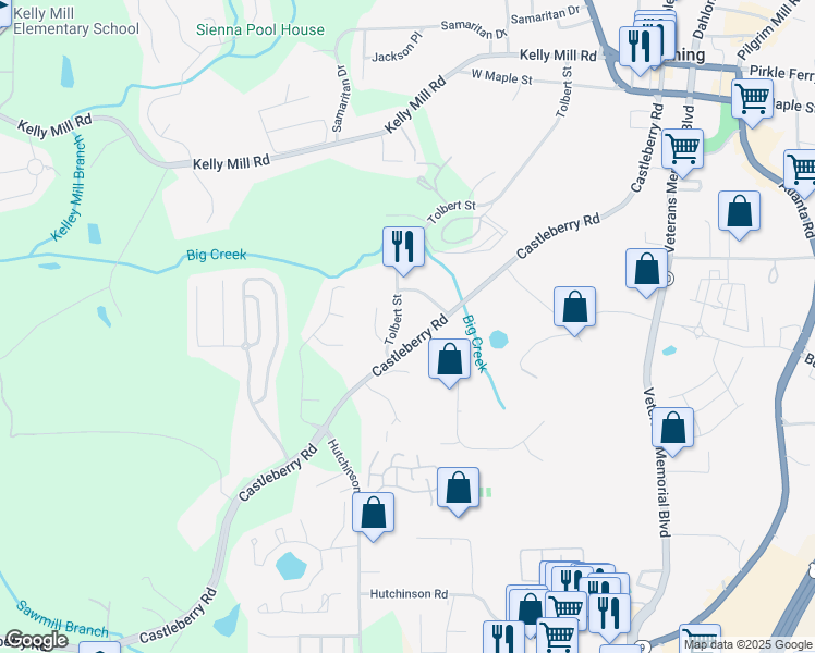 map of restaurants, bars, coffee shops, grocery stores, and more near 2600 Castleberry Road in Cumming