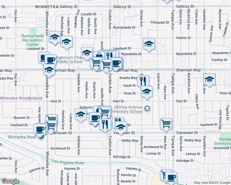 map of restaurants, bars, coffee shops, grocery stores, and more near 7033 Bothwell Road in Los Angeles