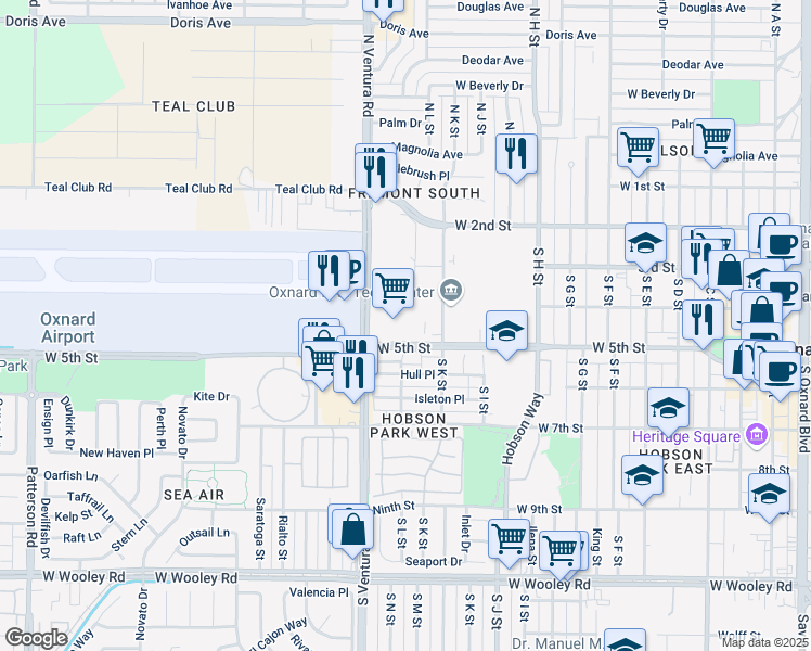 map of restaurants, bars, coffee shops, grocery stores, and more near 450 S Ventura Rd in Oxnard