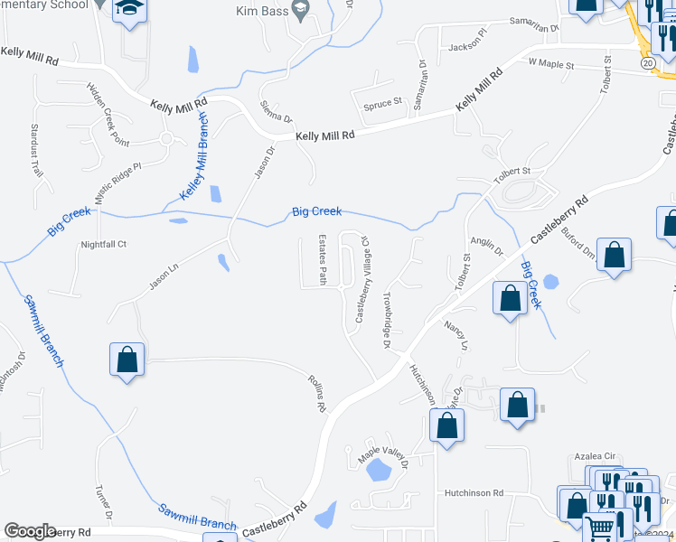 map of restaurants, bars, coffee shops, grocery stores, and more near 3530 Castleberry Village Circle in Cumming