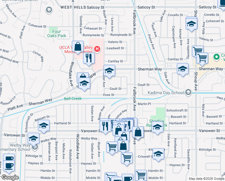 map of restaurants, bars, coffee shops, grocery stores, and more near 22928 Gault Street in Los Angeles