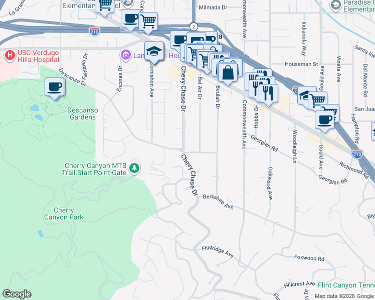 map of restaurants, bars, coffee shops, grocery stores, and more near 4304 Chevy Chase Drive in La Cañada Flintridge