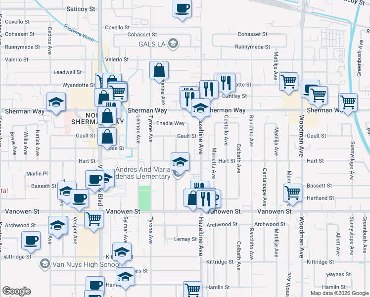 map of restaurants, bars, coffee shops, grocery stores, and more near 7029 Stansbury Ave in Los Angeles