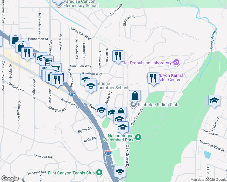 map of restaurants, bars, coffee shops, grocery stores, and more near 4618 Alveo Road in La Cañada Flintridge