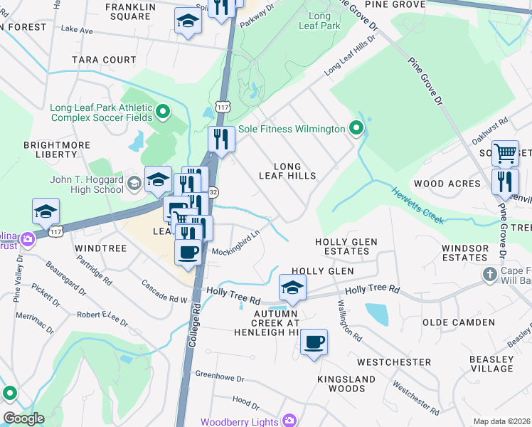 map of restaurants, bars, coffee shops, grocery stores, and more near 150 Wintergreen Road in Wilmington
