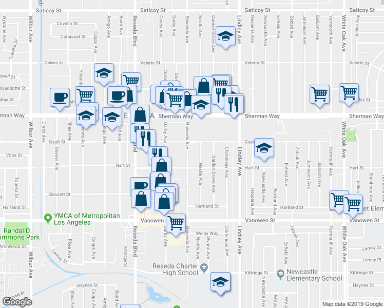 map of restaurants, bars, coffee shops, grocery stores, and more near 7034 Etiwanda Avenue in Los Angeles