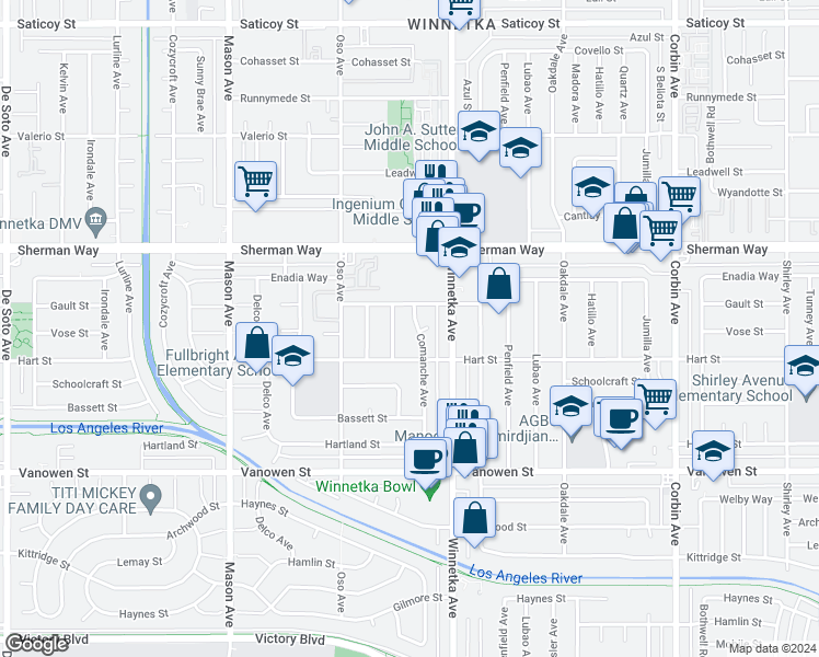 map of restaurants, bars, coffee shops, grocery stores, and more near 7035 Comanche Avenue in Los Angeles