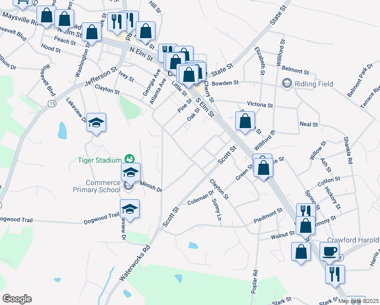map of restaurants, bars, coffee shops, grocery stores, and more near 210 College Avenue in Commerce