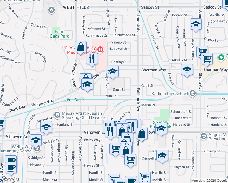 map of restaurants, bars, coffee shops, grocery stores, and more near 22958 Gault Street in Los Angeles