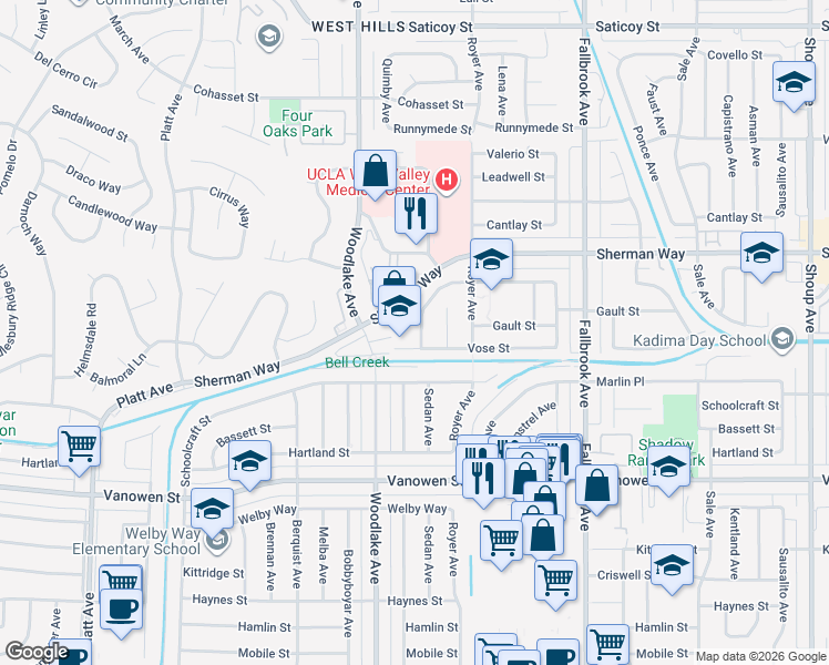 map of restaurants, bars, coffee shops, grocery stores, and more near 23073 Enadia Way in Los Angeles