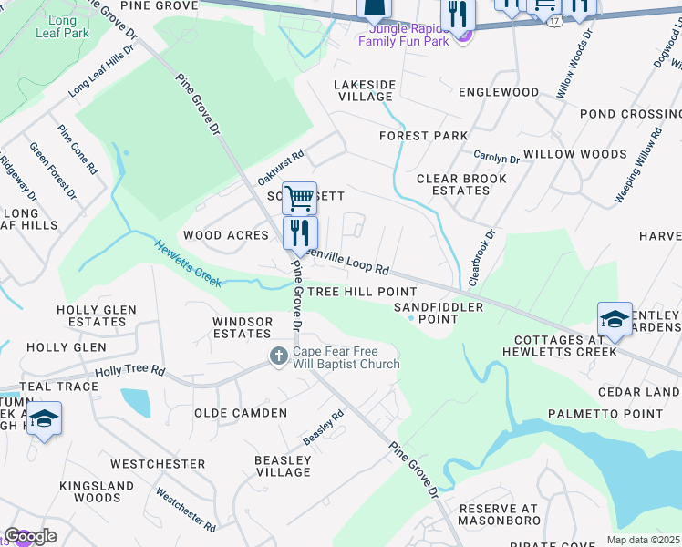 map of restaurants, bars, coffee shops, grocery stores, and more near 5140 Greenville Loop Road in Wilmington
