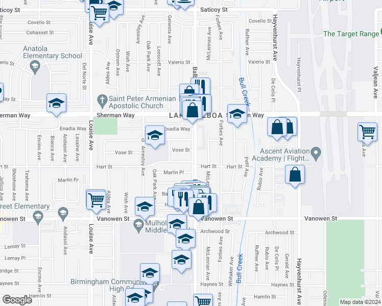 map of restaurants, bars, coffee shops, grocery stores, and more near 16900 Vose Street in Los Angeles