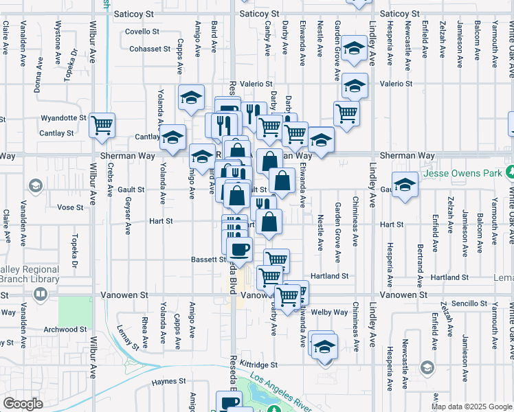 map of restaurants, bars, coffee shops, grocery stores, and more near 7030 Canby Avenue in Los Angeles