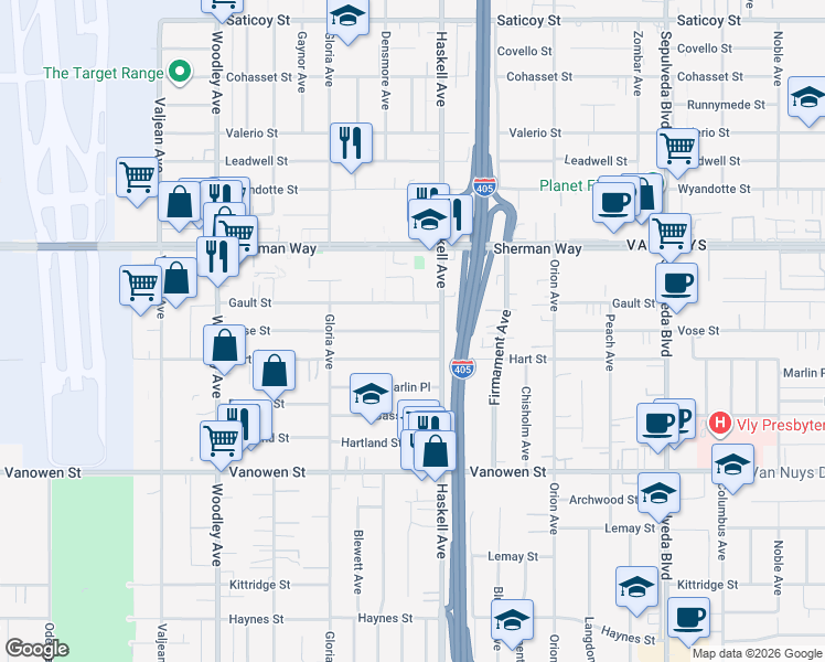 map of restaurants, bars, coffee shops, grocery stores, and more near 15719 Vose Street in Los Angeles