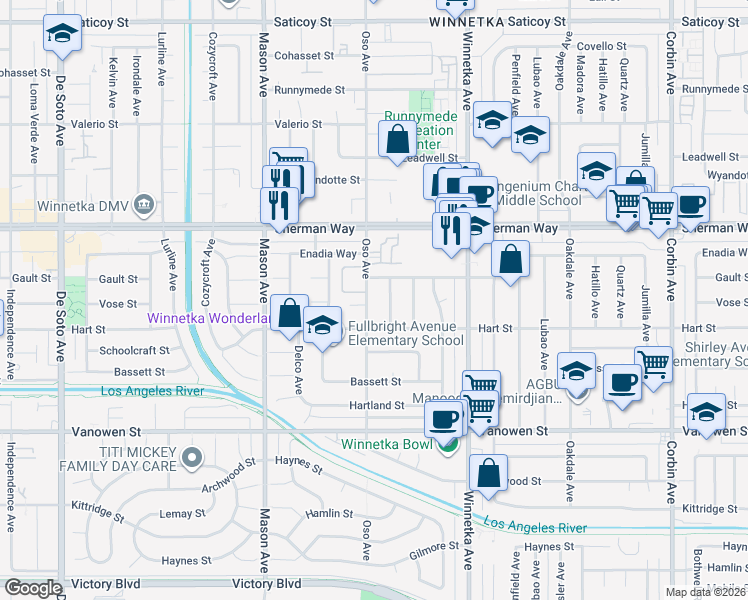 map of restaurants, bars, coffee shops, grocery stores, and more near 7030 Oso Avenue in Los Angeles