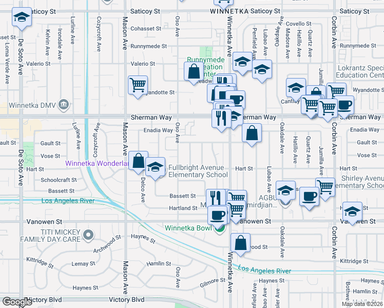 map of restaurants, bars, coffee shops, grocery stores, and more near 7032 Keokuk Avenue in Los Angeles