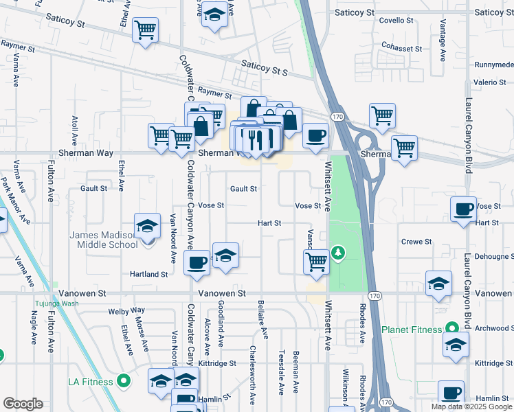 map of restaurants, bars, coffee shops, grocery stores, and more near 7029 Bellaire Avenue in Los Angeles