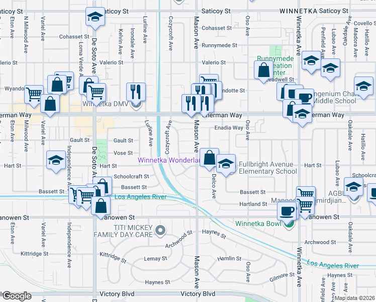 map of restaurants, bars, coffee shops, grocery stores, and more near 20511 Vose Street in Los Angeles