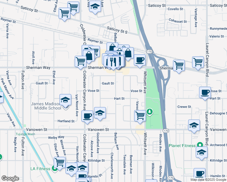 map of restaurants, bars, coffee shops, grocery stores, and more near 7029 Bellaire Avenue in Los Angeles